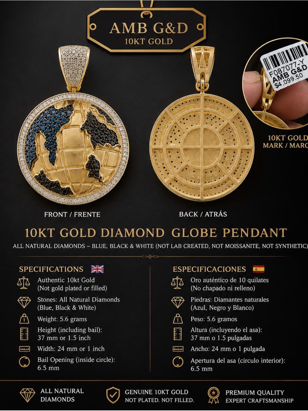 10KT Gold Diamond Globe Pendant in Blue & Black
